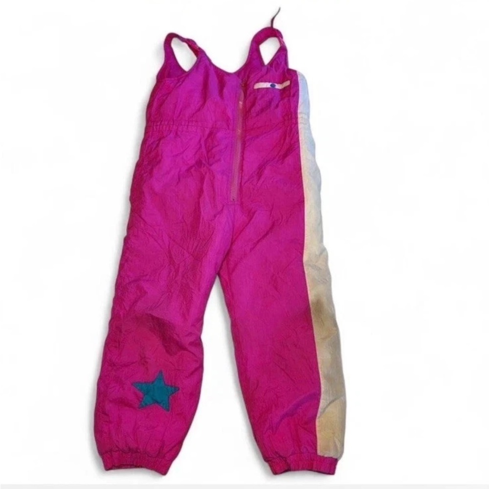 80s Kids Hot Pink Ski Bibs Girls Sz 6 Blue Star 3 Pockets Retro
